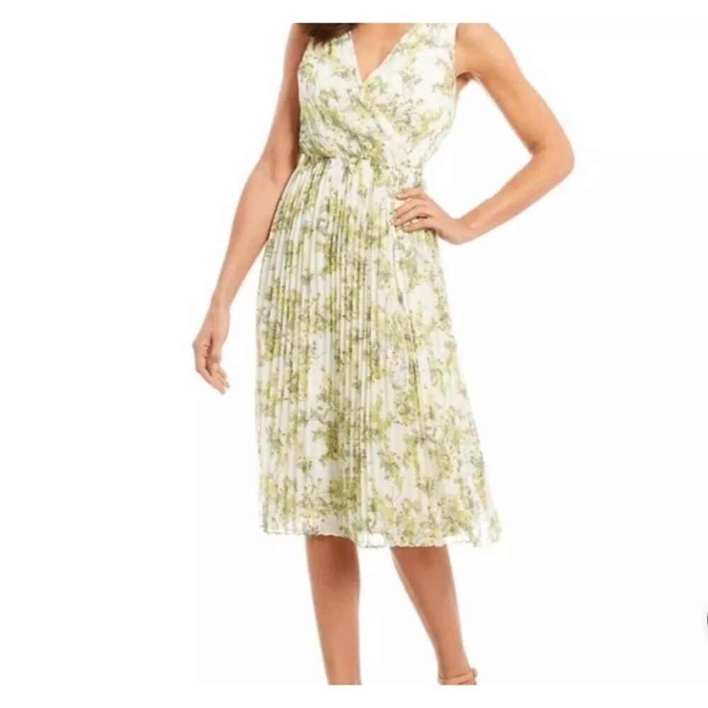 Alex Marie Size 16 White Green Floral Pleated Midi Easter Spring Dress MSRP $149